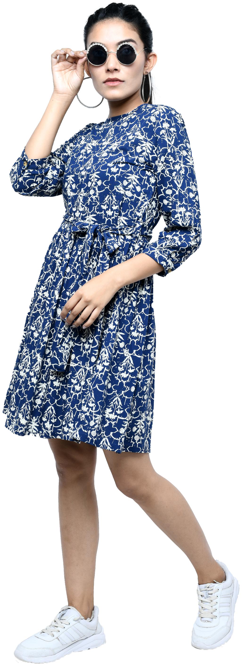 

Cwtch Viscose Rayon Floral Navy Blue A Line Dress Women