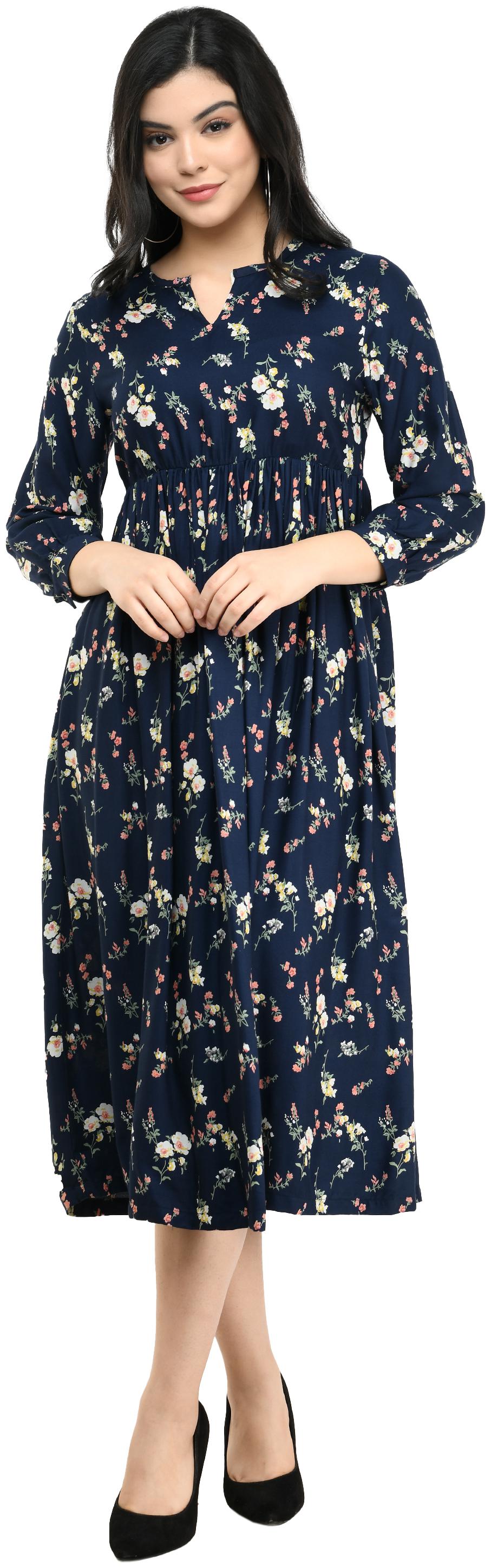 

Cwtch Viscose Rayon Floral Navy Blue Flared Dress Women