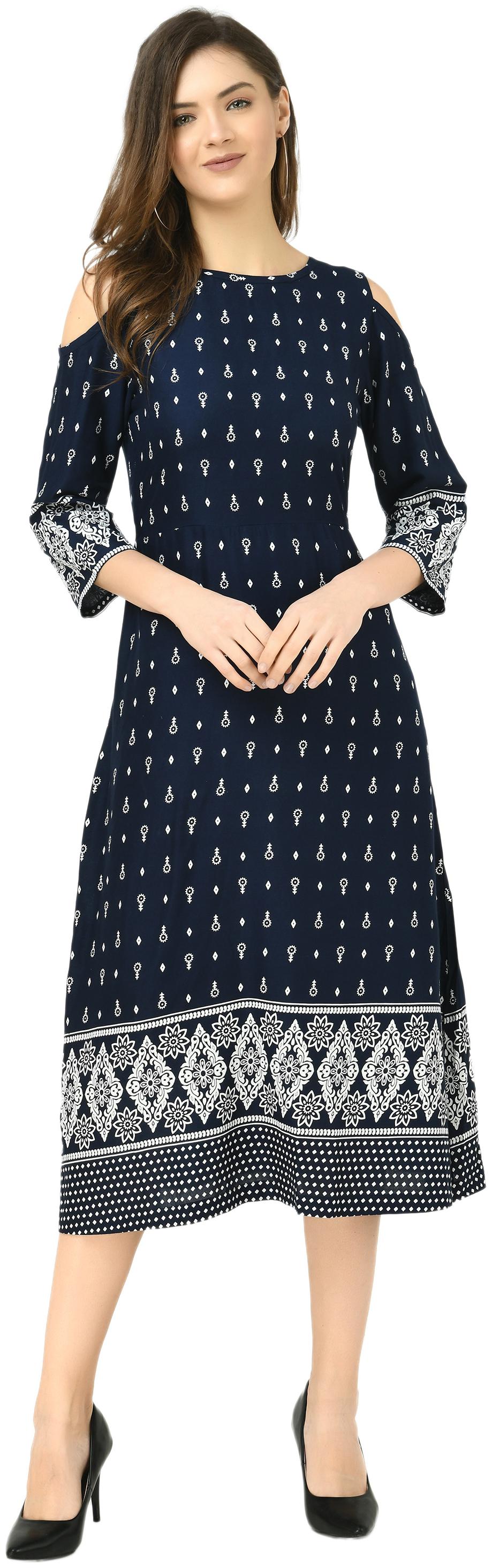 

Cwtch Viscose Rayon Printed Navy Blue Fit Flare Dress Women