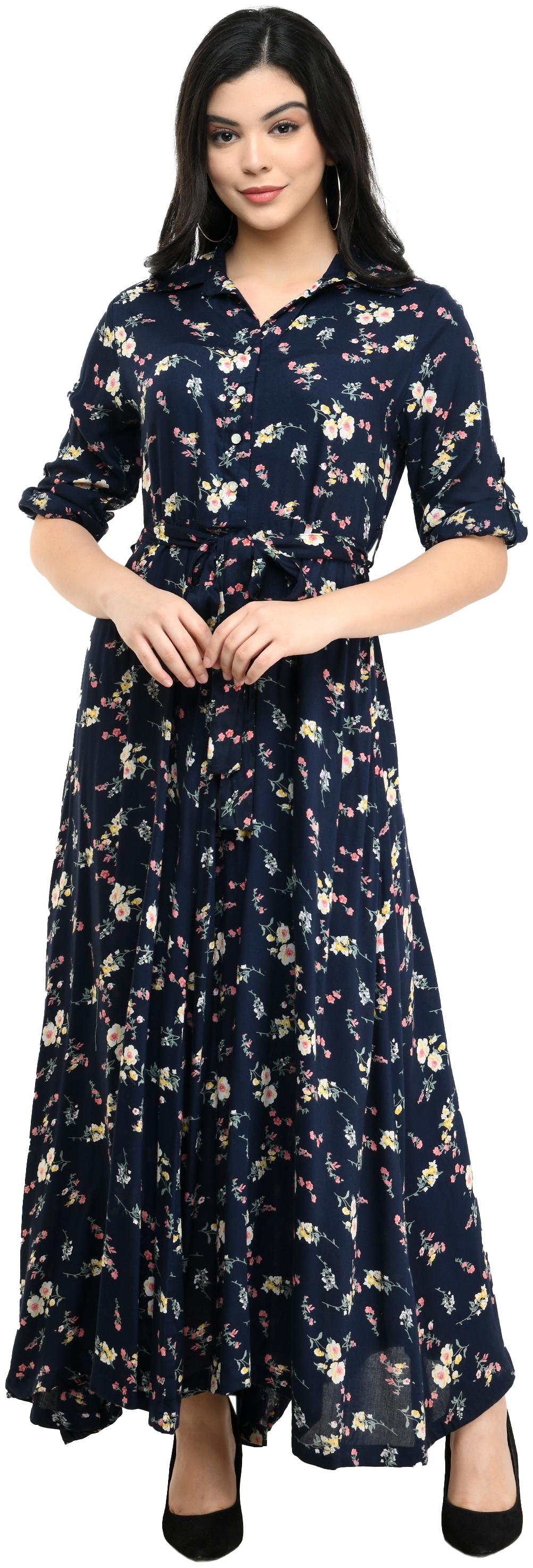 

Cwtch Viscose Rayon Floral Navy Blue Maxi Dress Women
