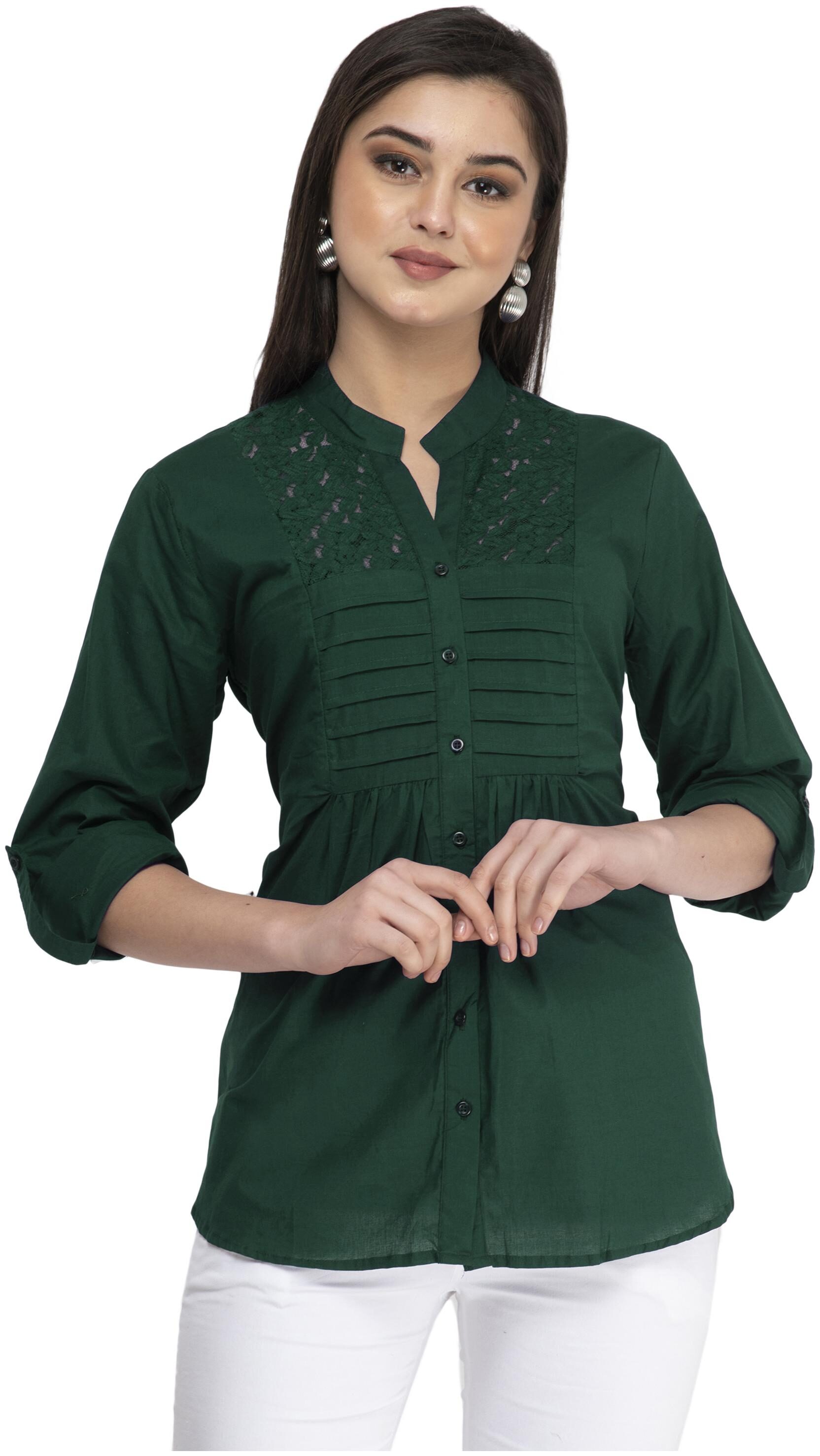 

Cwtch Women Cotton Solid Dark Green Shirt