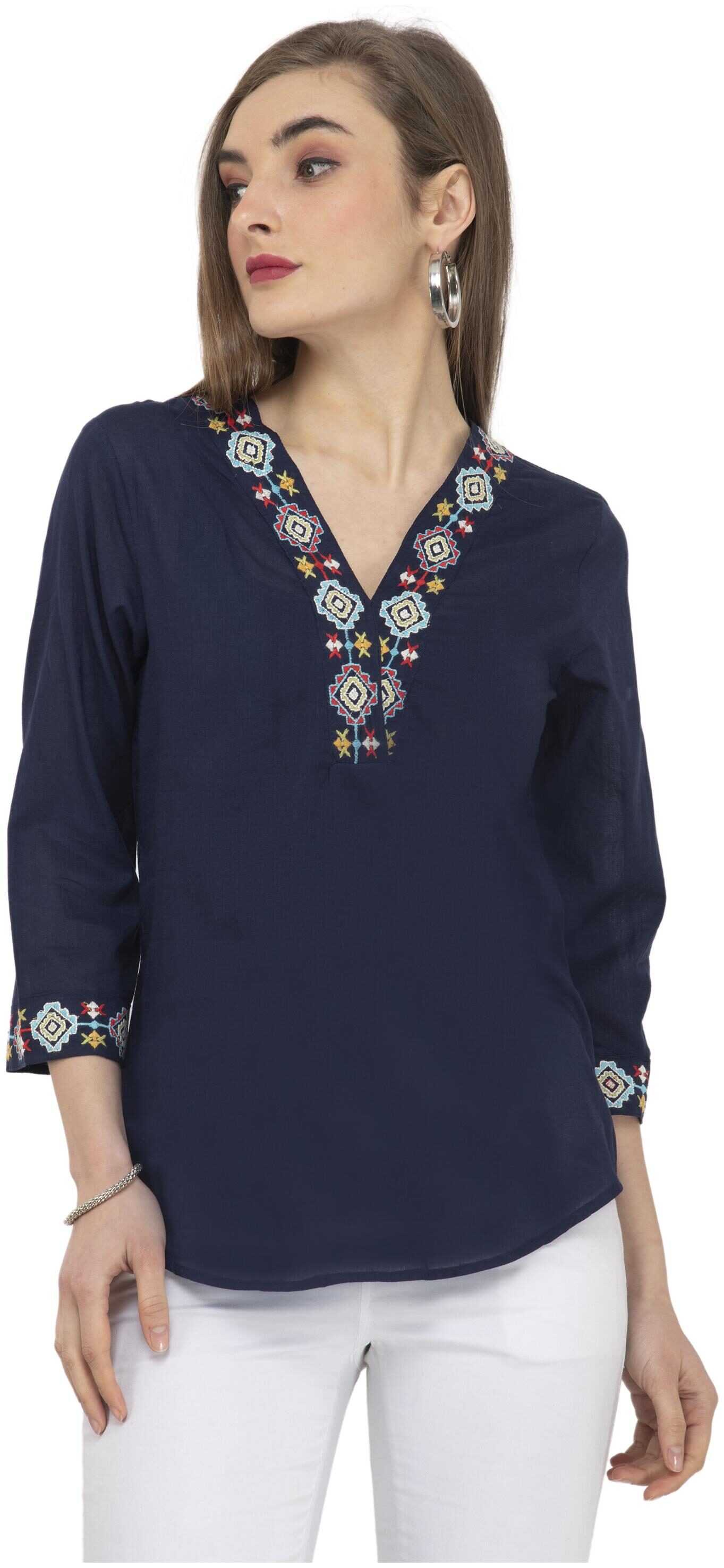

Cwtch Women Cotton Embroidered Navy Blue Regular Top