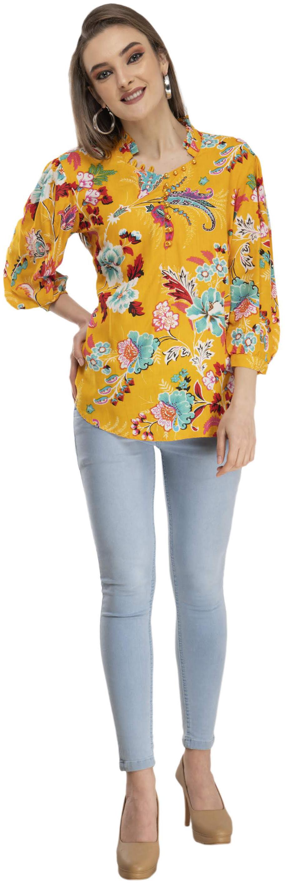 

Cwtch Women Viscose Rayon Floral Mustard Regular Top