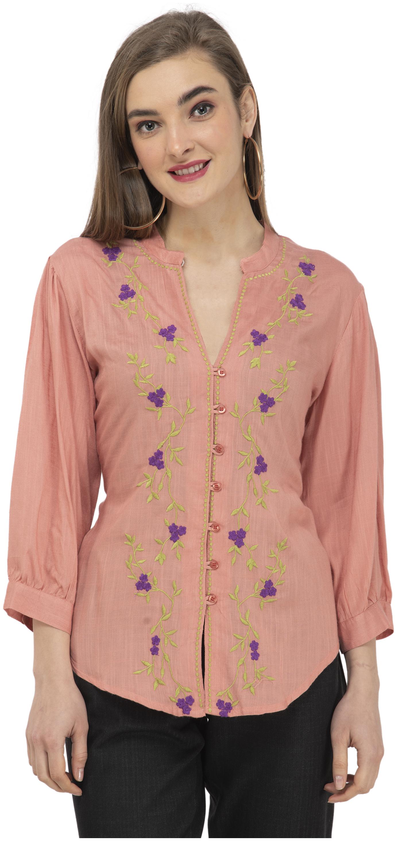 

Cwtch Women Peach Embroidered Regular Fit Shirt