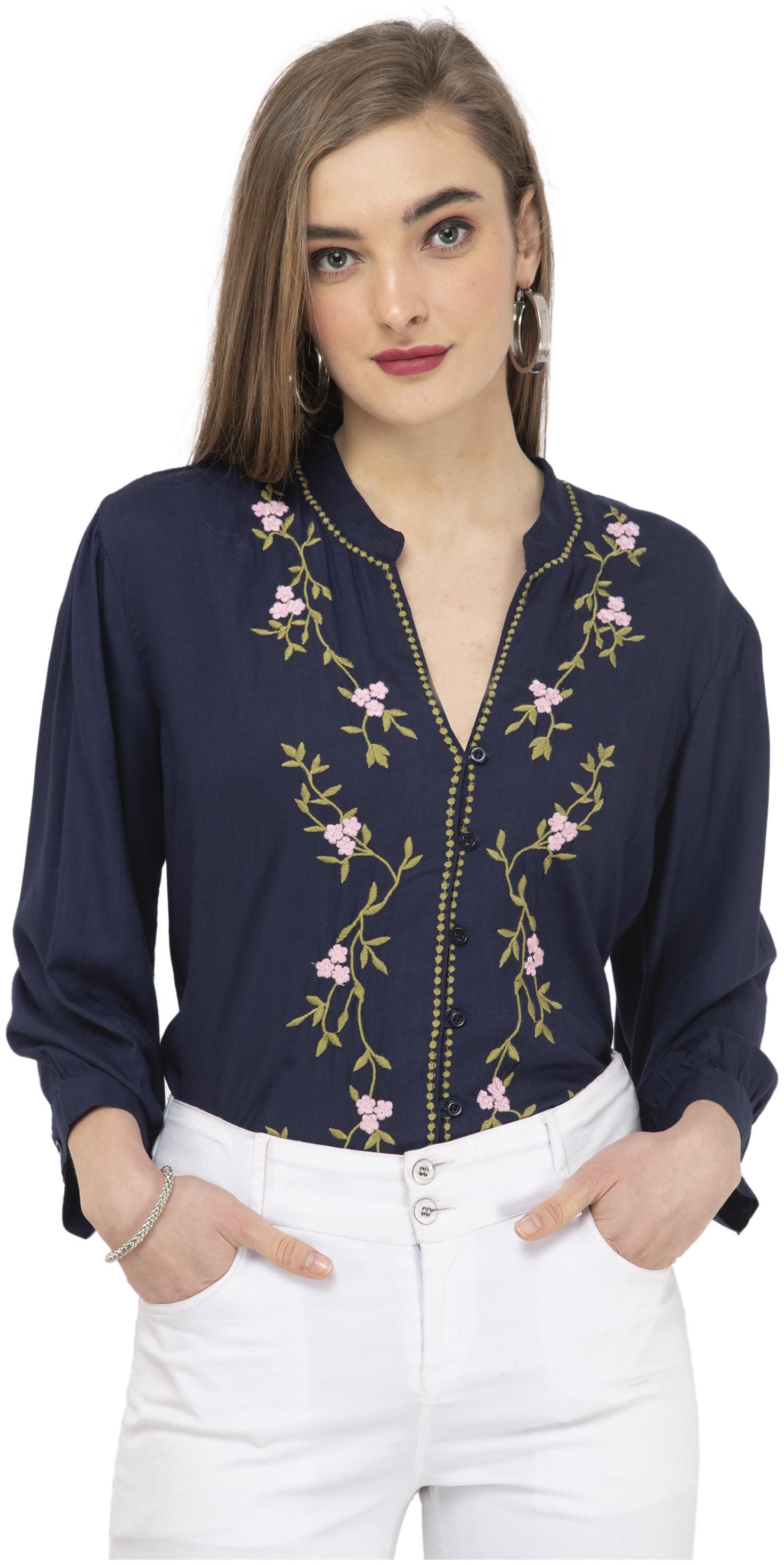 

Cwtch Women Navy Blue Embroidered Regular Fit Shirt