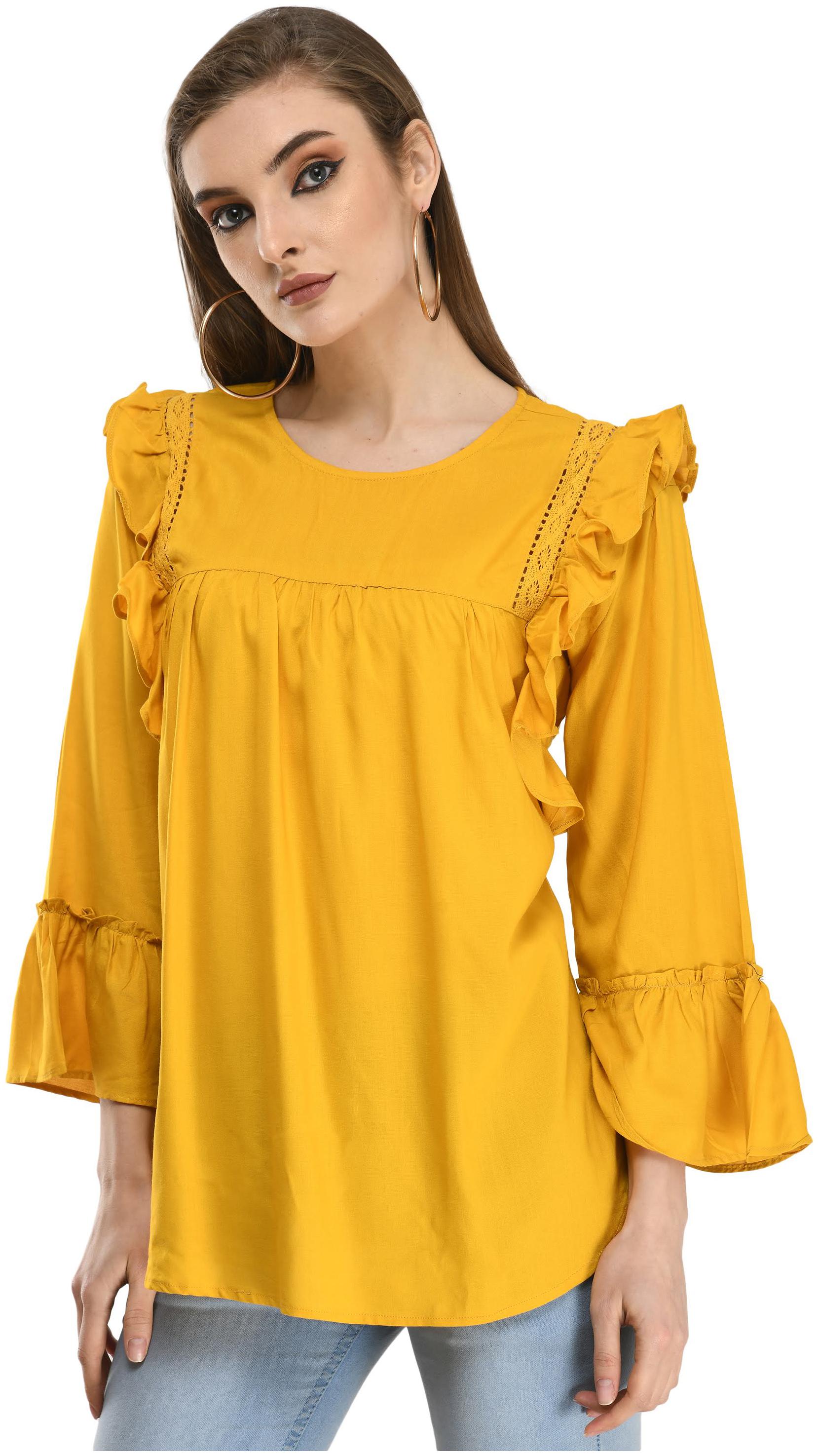 

Cwtch Women Viscose Rayon Solid Mustard Regular Top