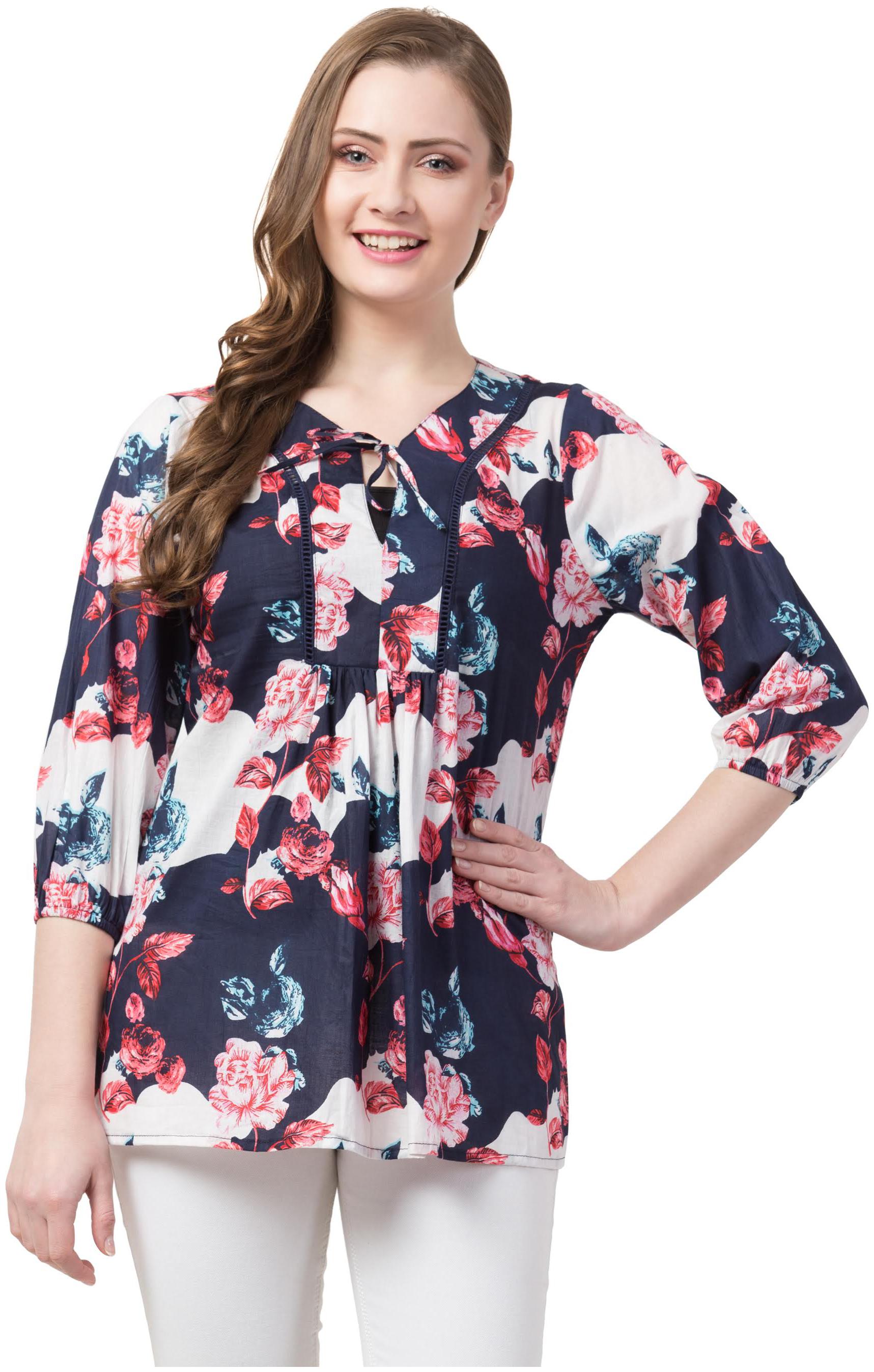 

Cwtch Women Cotton Floral Navy Blue Top
