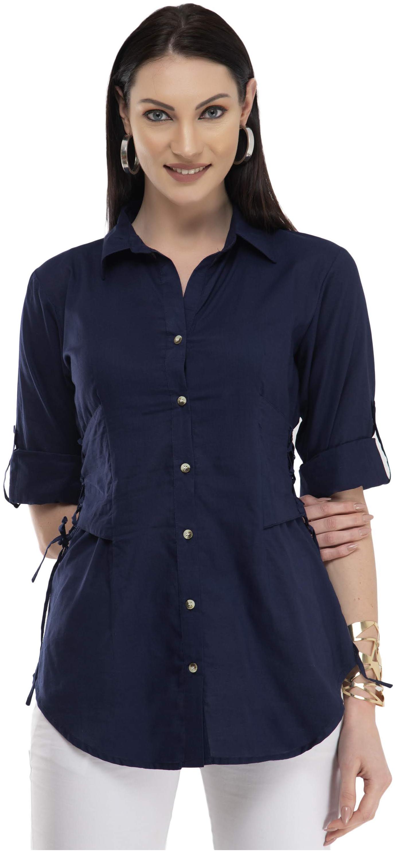 

Cwtch Women Navy Blue Solid Regular Fit Shirt