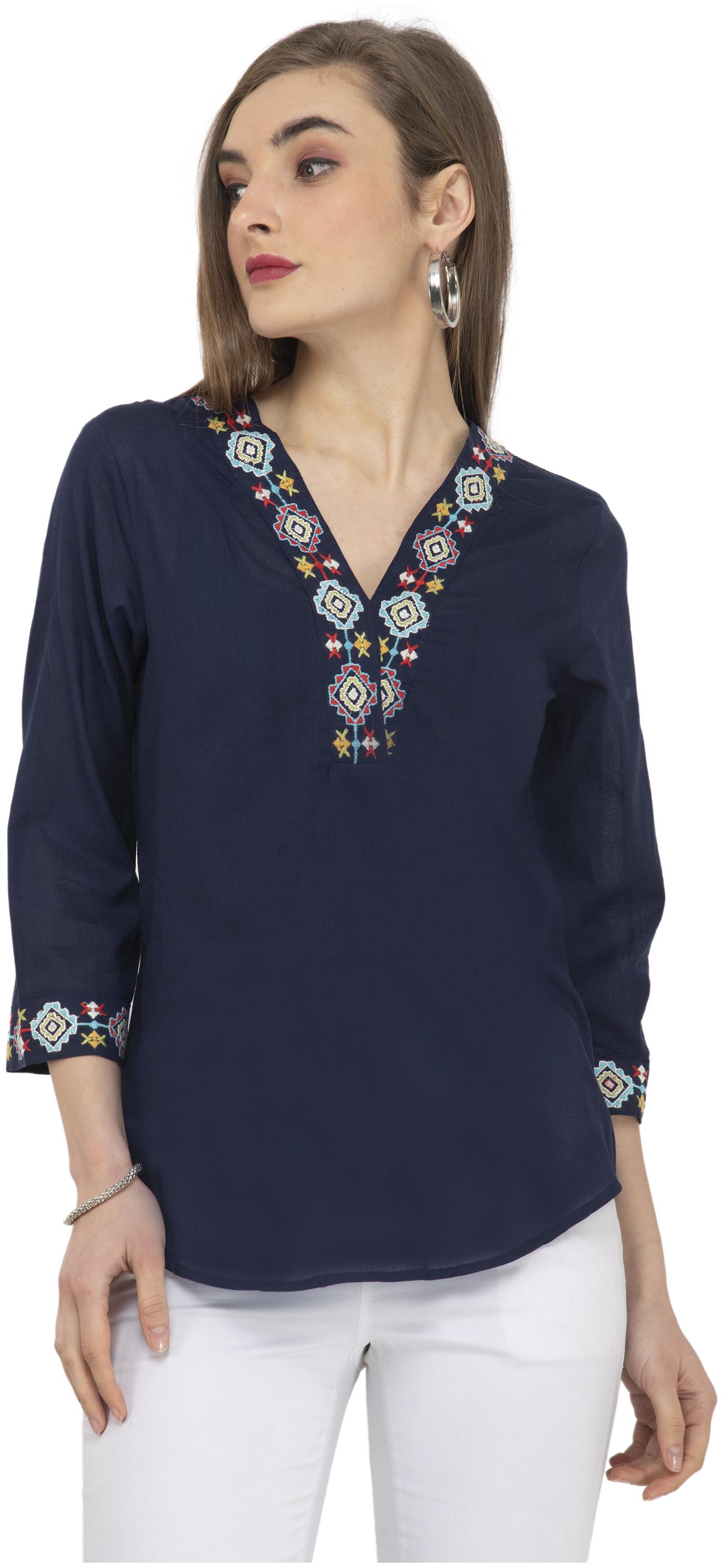 

Cwtch Women Cotton Embroidered Navy Blue Regular Top