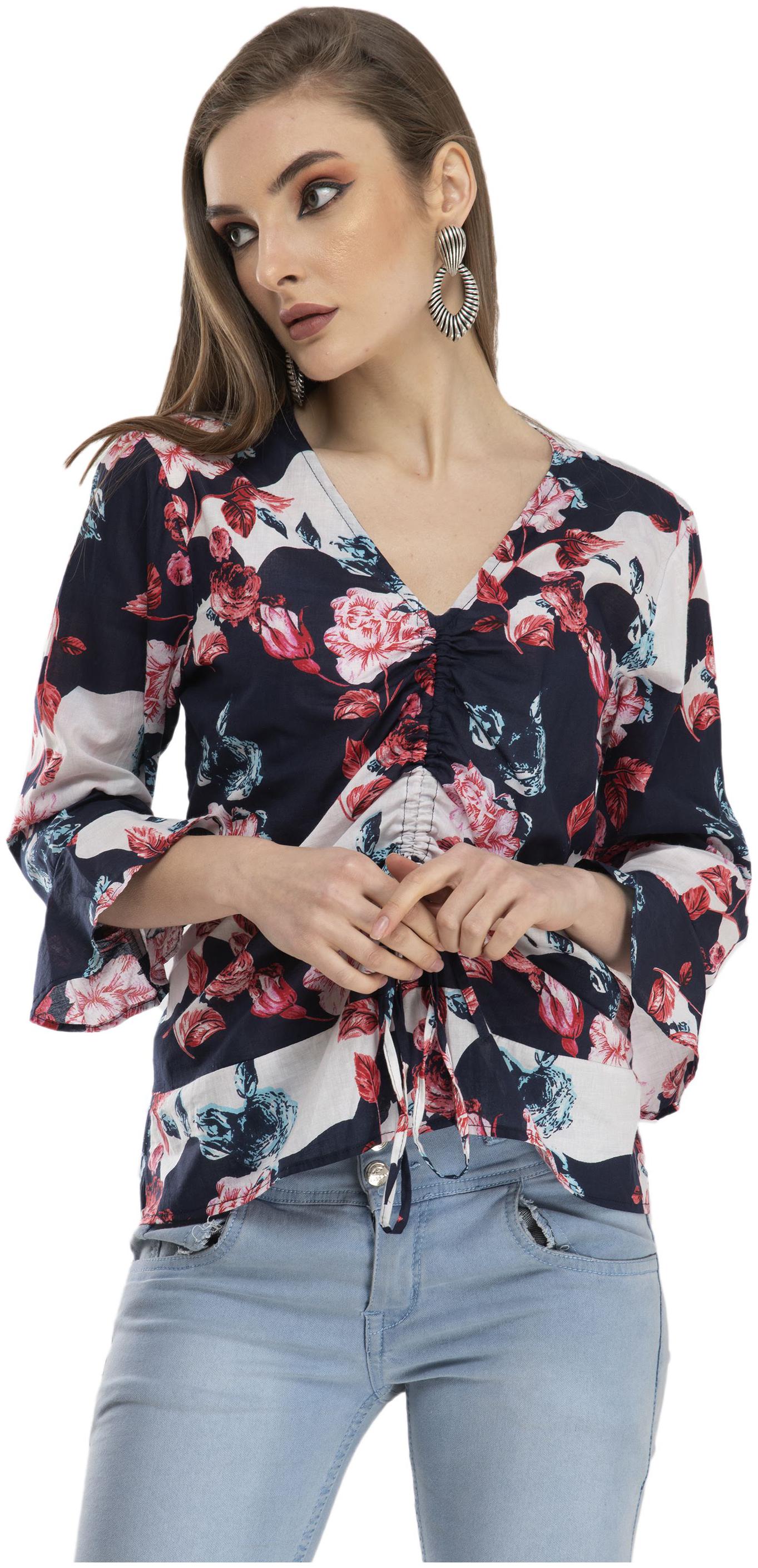 

Cwtch Women Cotton Floral Navy Blue Regular Top