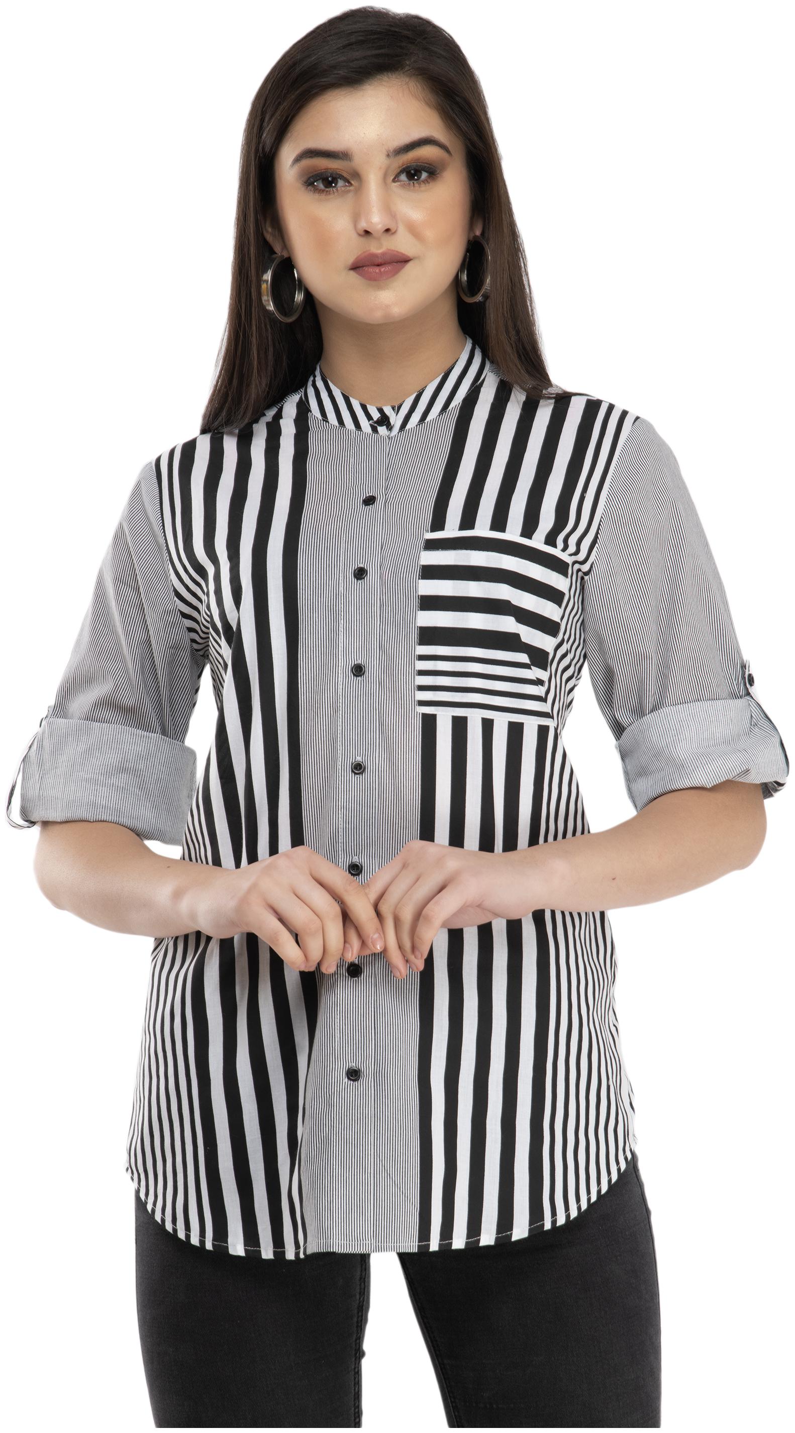 

Cwtch Women Black Striped Regular Fit Shirt