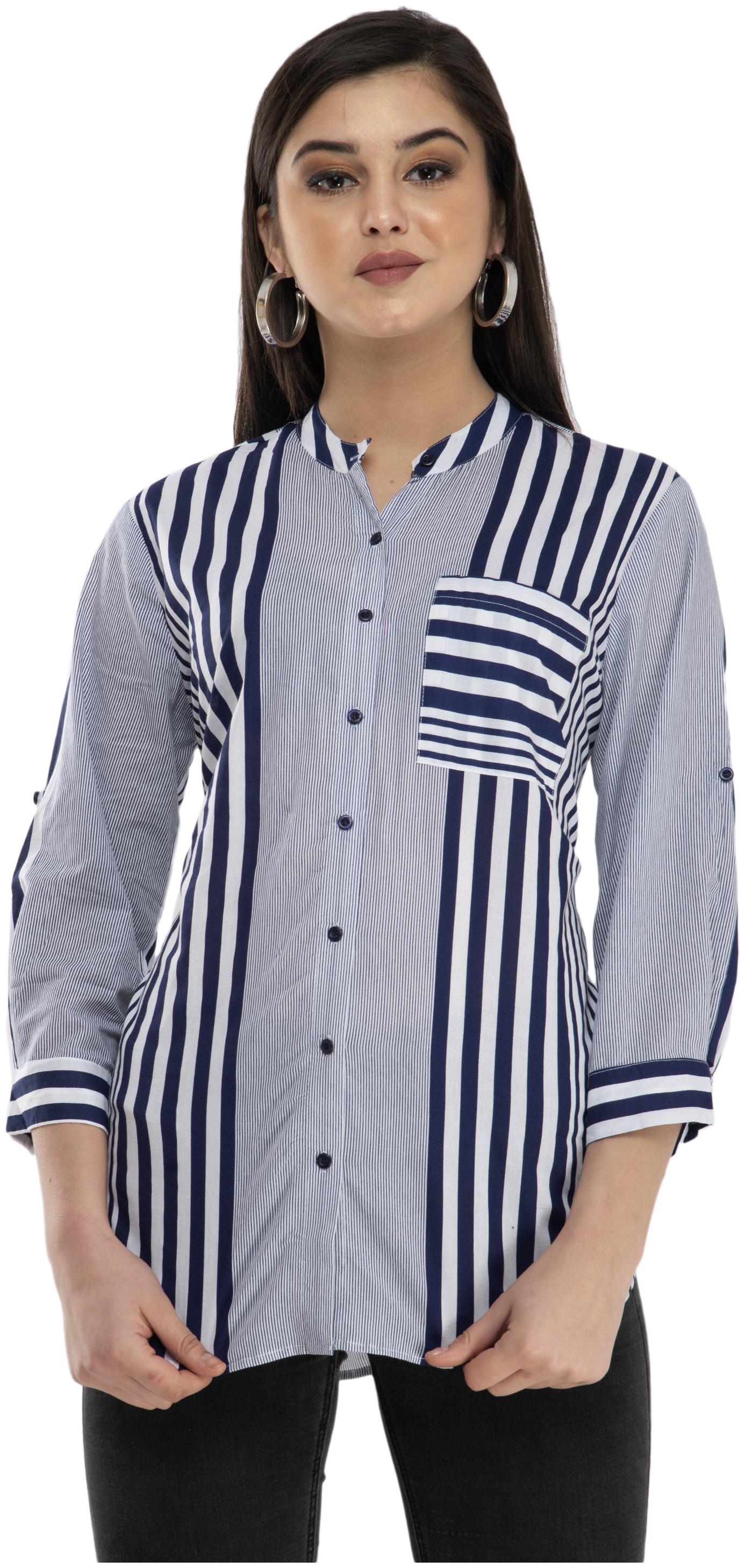 

Cwtch Women Navy Blue Striped Regular Fit Shirt