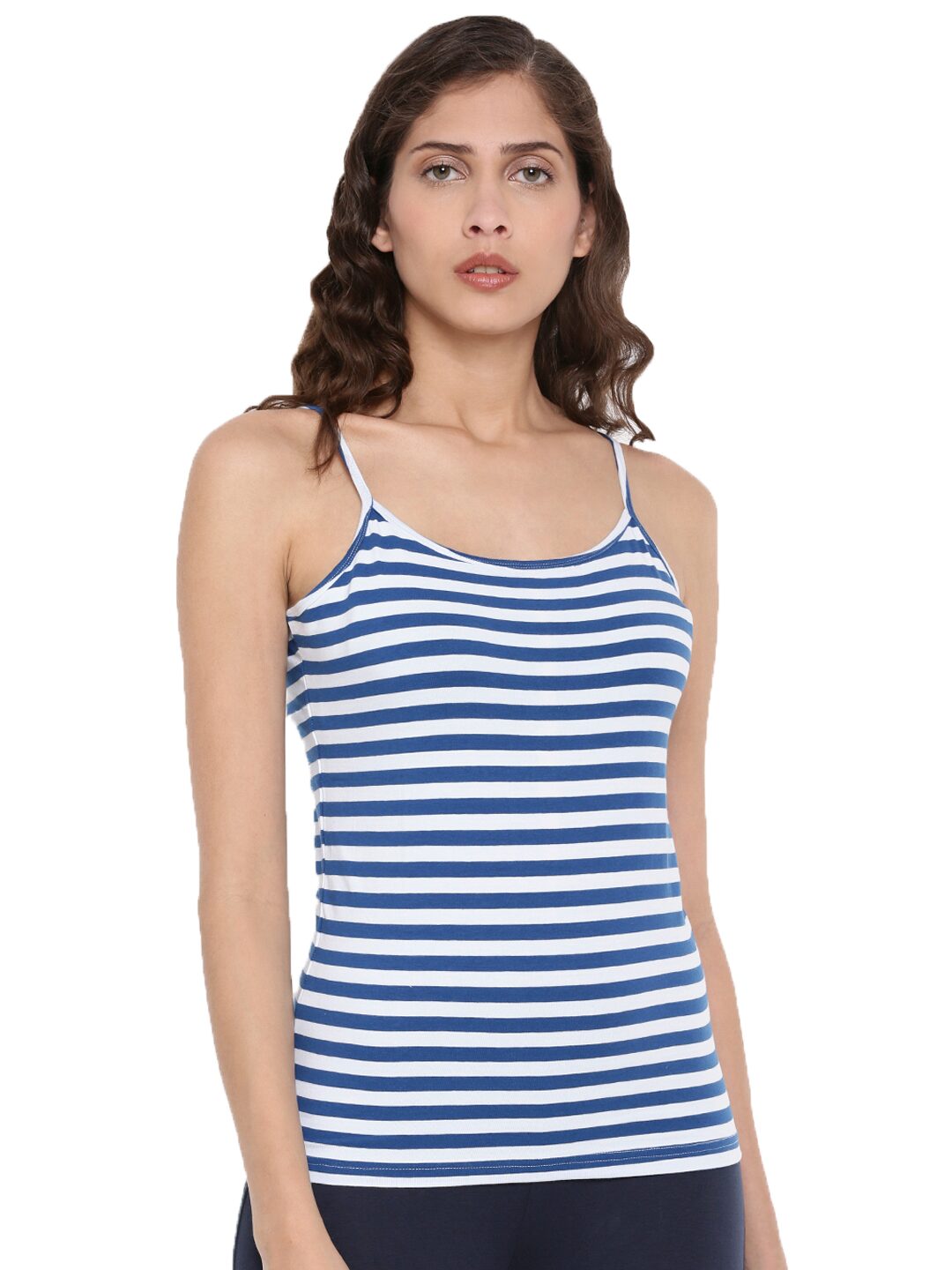 

De Moza Women Blue White Slim fit Shoulder strap neck Cotton Tank top
