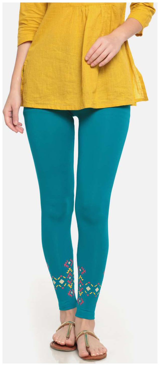 

De Moza Women s Placement Print Viscose Teal Ankle Length Leggings