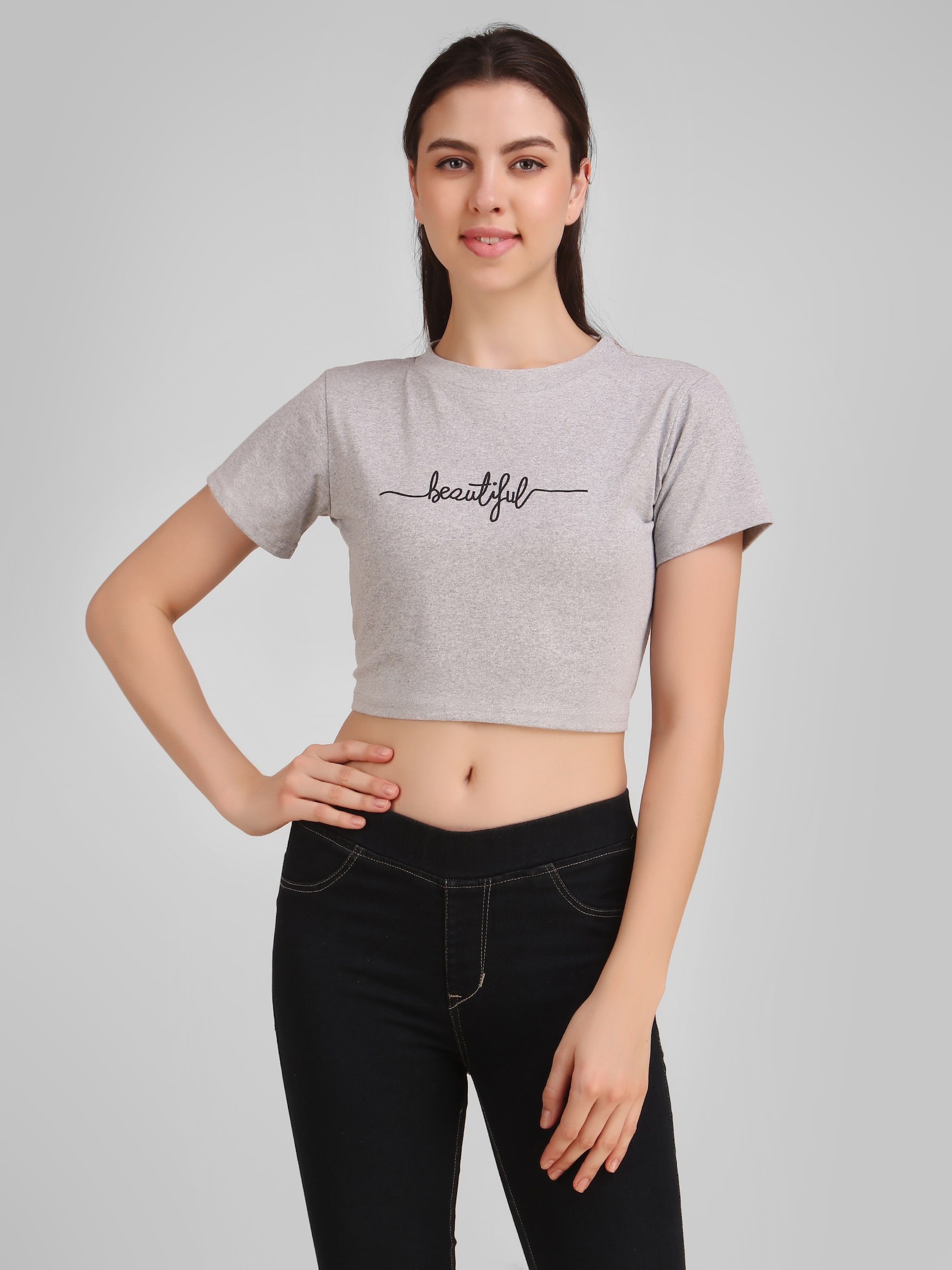 

DEEPMAYRA COLLECTION Women Grey Regular fit Round neck Blended T shirt