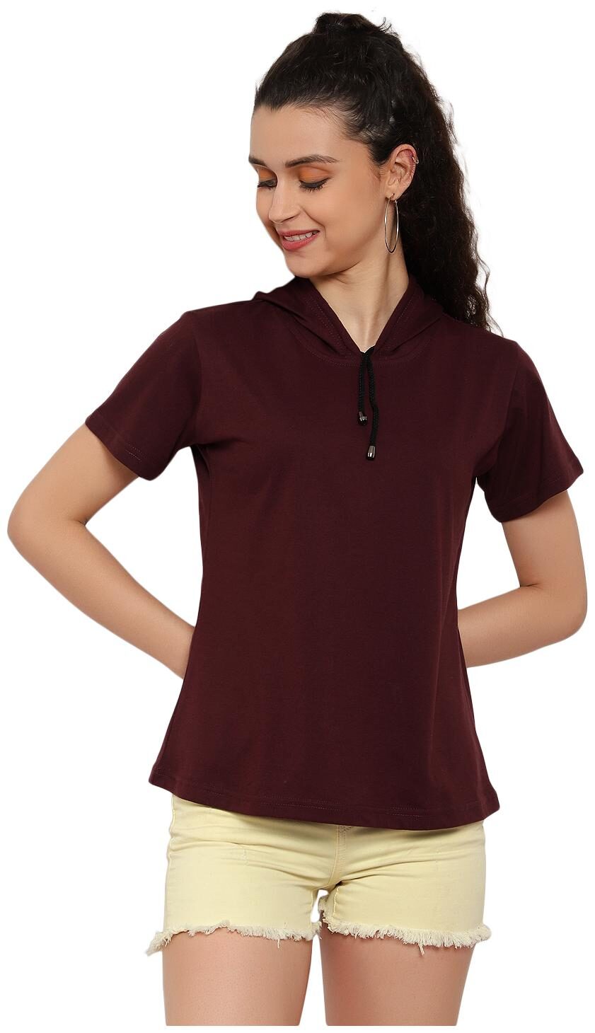 

DEEPMAYRA COLLECTION Women Wine Regular fit Hooded Cotton T shirt