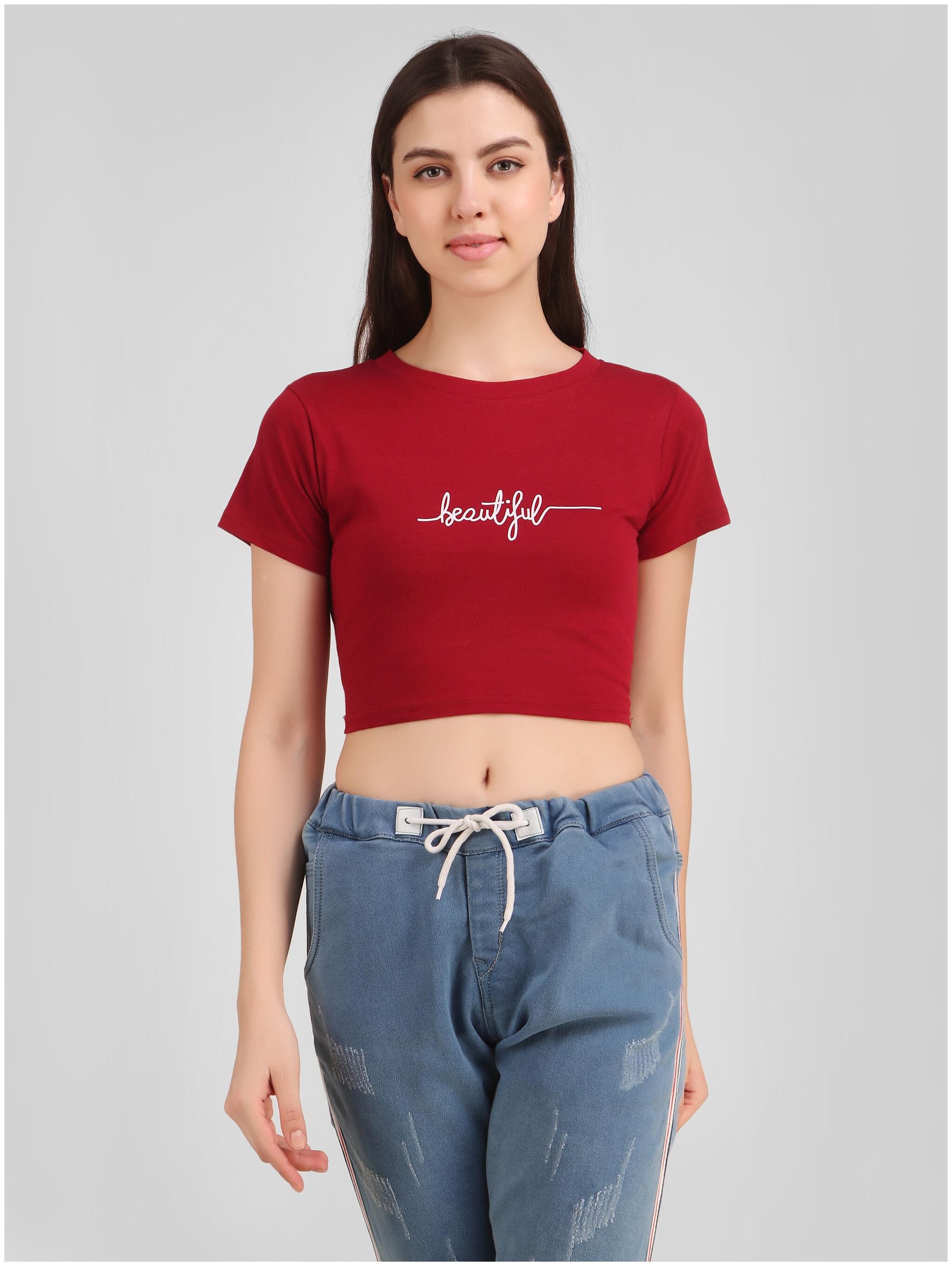 

DEEPMAYRA COLLECTION Women Maroon Regular fit Round neck Blended T shirt