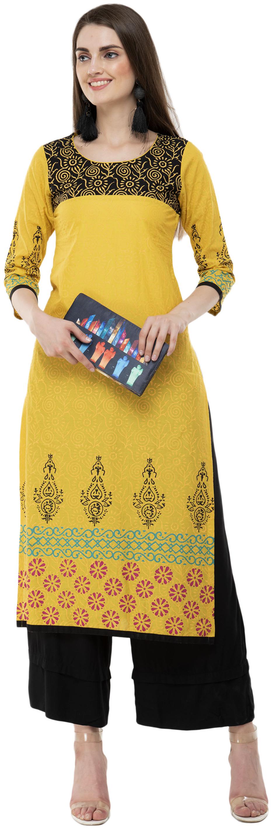 

Dege Women Yellow Printed Straight Kurta