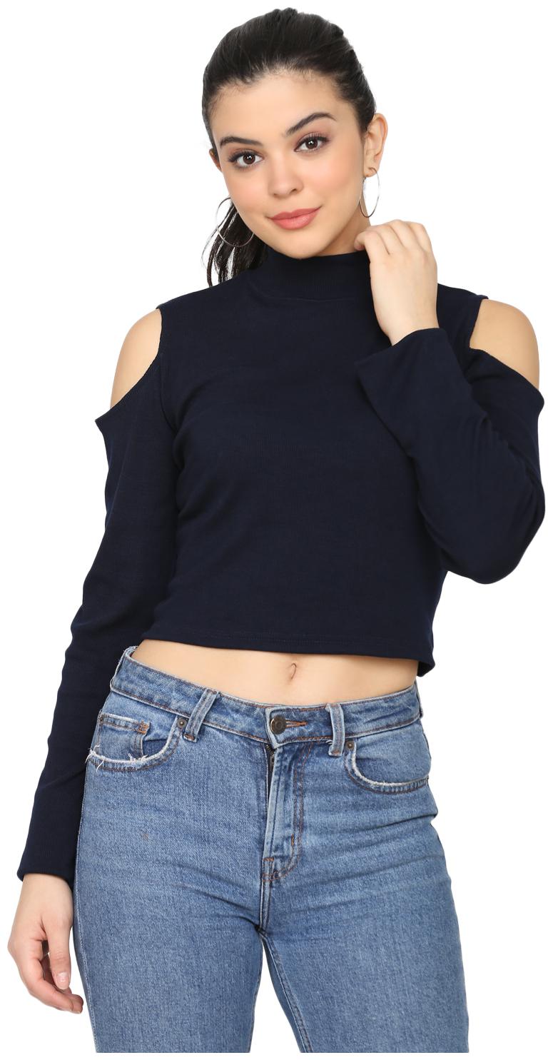 

Delan Women Cotton Solid Navy Blue Regular Top