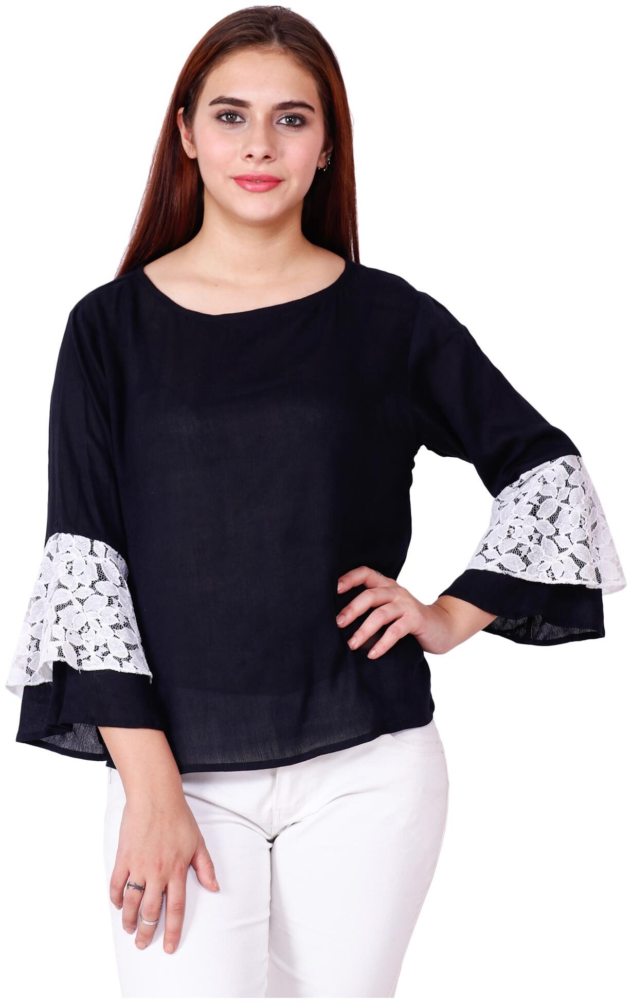 

Delux Look Women Embroidered Regular top - Black