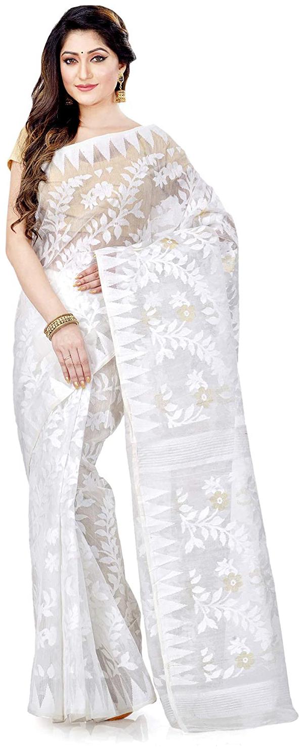 

DESH BIDESH Women Cotton Embroidered White Designer Saree Without Blouse