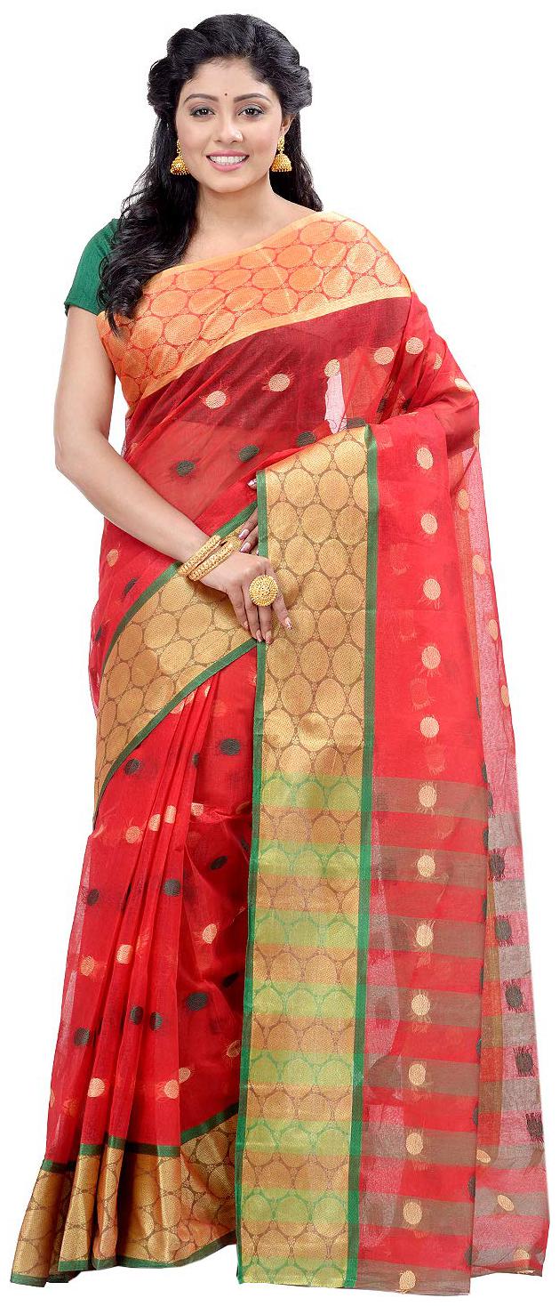

dB DESH BIDESH Red Green Polka Dots Khadi Ready Pleated Saree With Blouse Without blouse