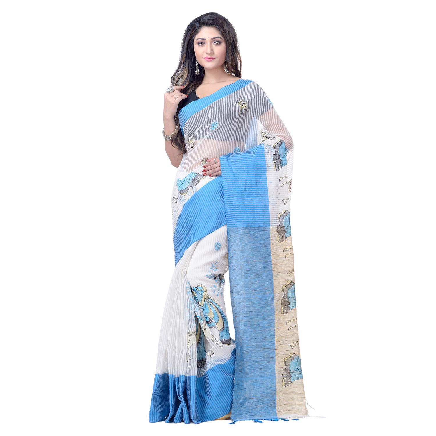 

DESH BIDESH Women Cotton Striped Saree Blue