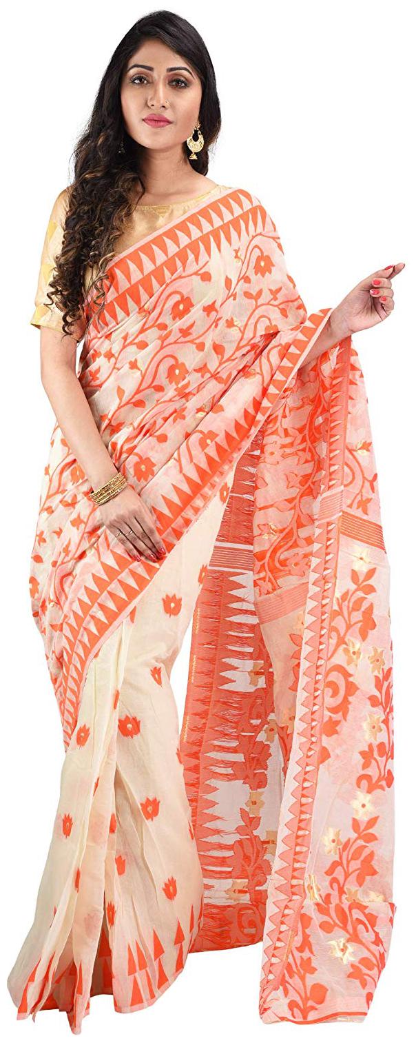 

DESH BIDESH Cotton Embroidered Work Party Wear Regular Saree With Blouse Orange