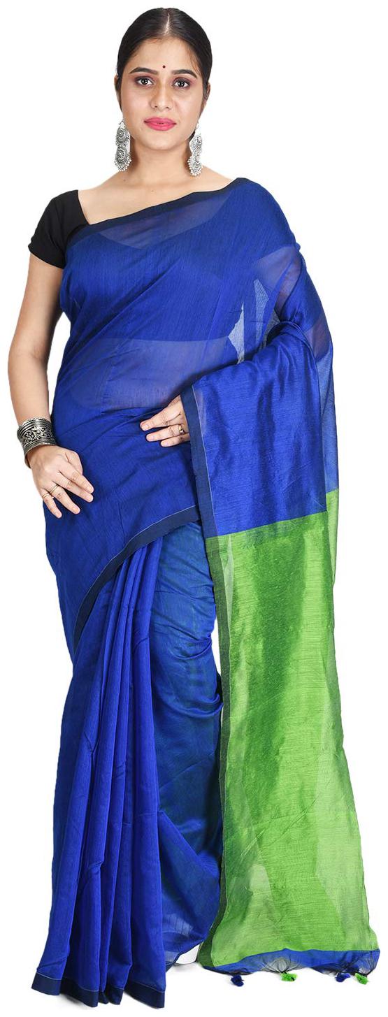 

DESH BIDESH Blue Green Solid Ghicha Half Half Saree With Blouse With blouse