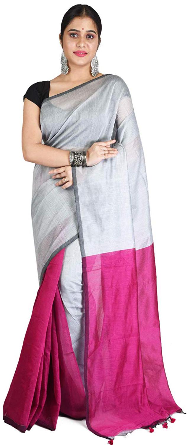 

DESH BIDESH Grey Pink Solid Universal Ready Pleated Saree With Blouse With blouse