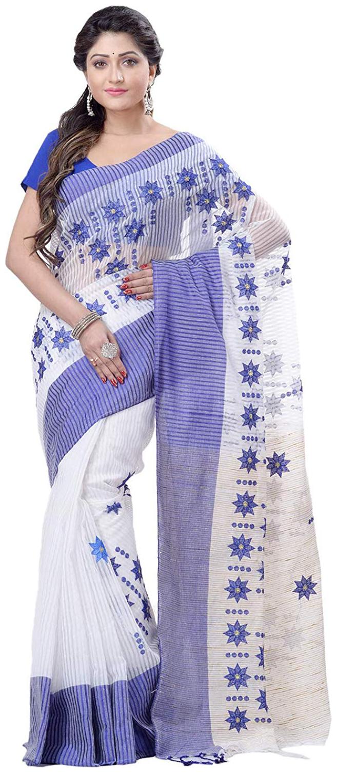 

DESH BIDESH Blue Embroidered Khadi Ready Pleated Saree With blouse