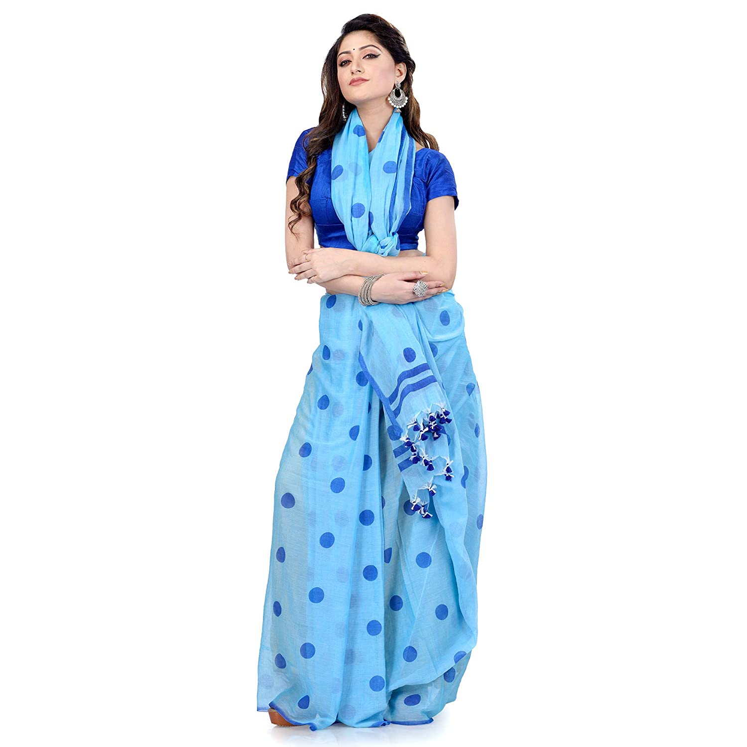 

DESH BIDESH Women Khadi Polka Dots Blue Regular Saree Without Blouse