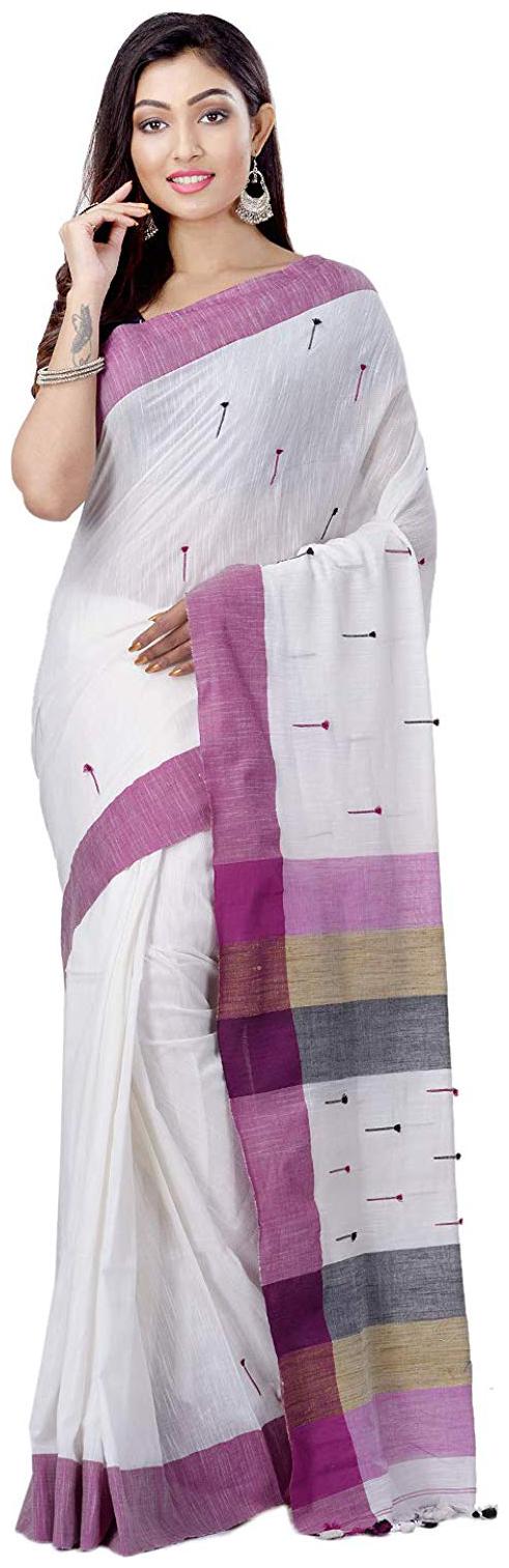 

DESH BIDESH White Woven Bangalori Ready Pleated Saree With Blouse With blouse