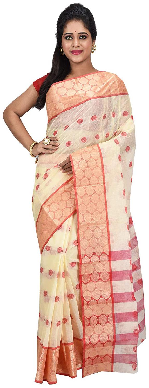 

DESH BIDESH Women Cotton Polka Dots Saree Cream
