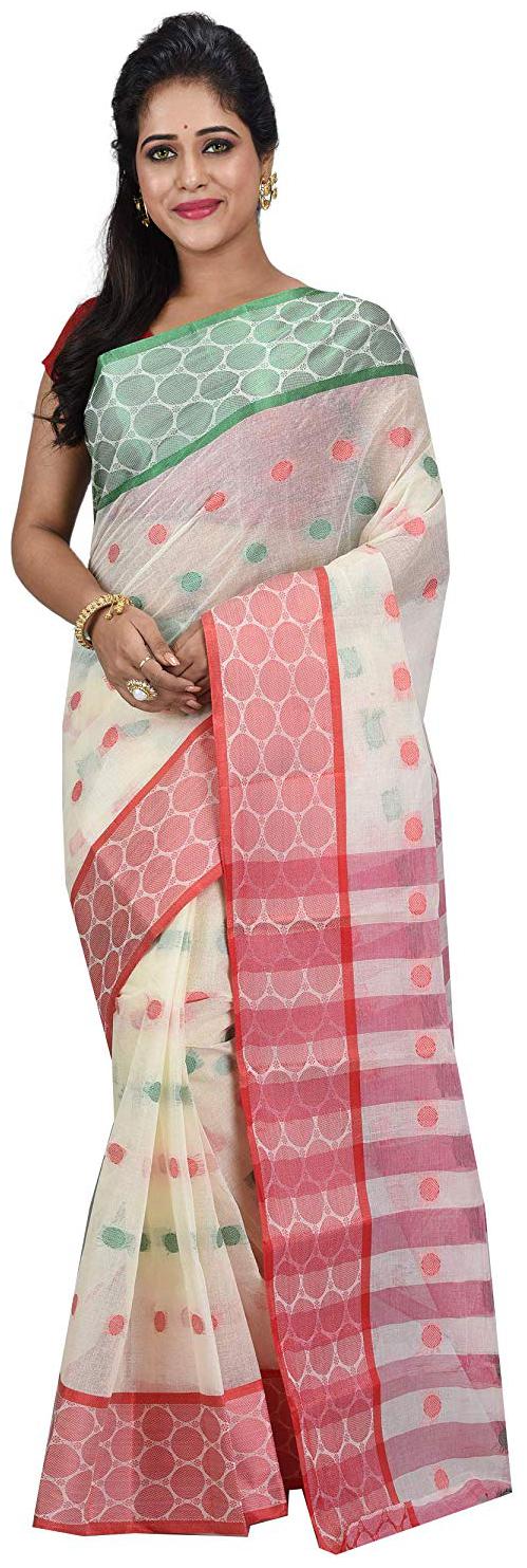 

DESH BIDESH White Polka Dots Tant Ready Pleated Saree With Blouse Without blouse