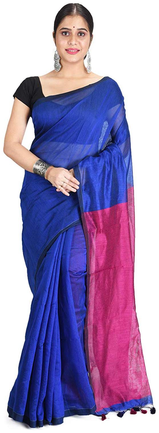 

Desh Bidesh Women s Cotton Silk and Bengal Soft Khadi Cotton Mix Ghicha Handloom Saree With Blouse Piece (Blue Deep Pink)