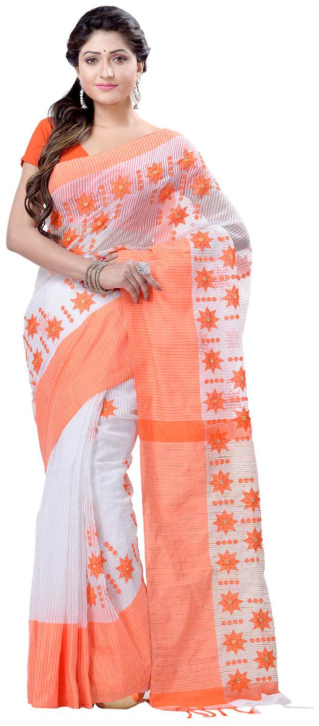 

DESH BIDESH Women Khadi Embroidered Orange White Regular Saree With Blouse