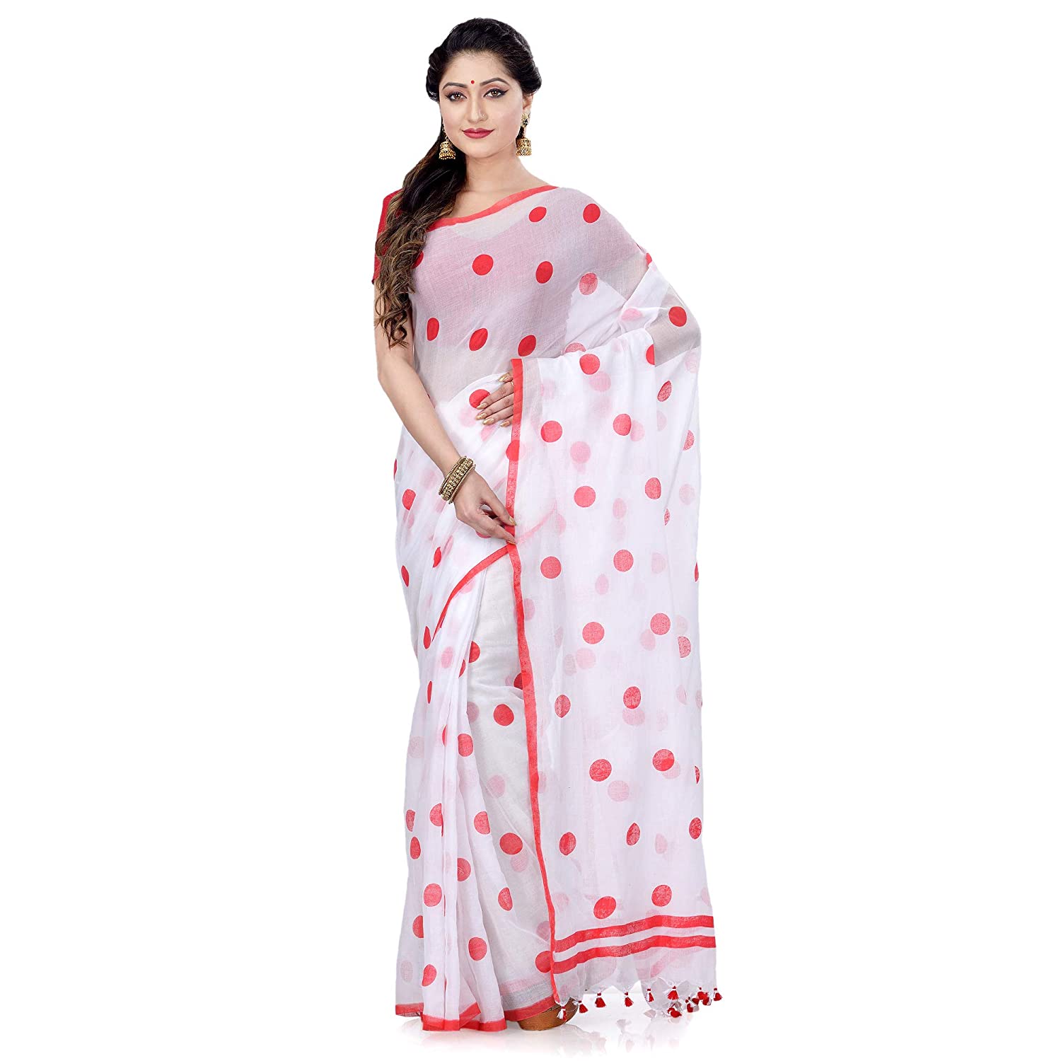 

DESH BIDESH Women Khadi Polka Dots White Red Regular Saree Without Blouse
