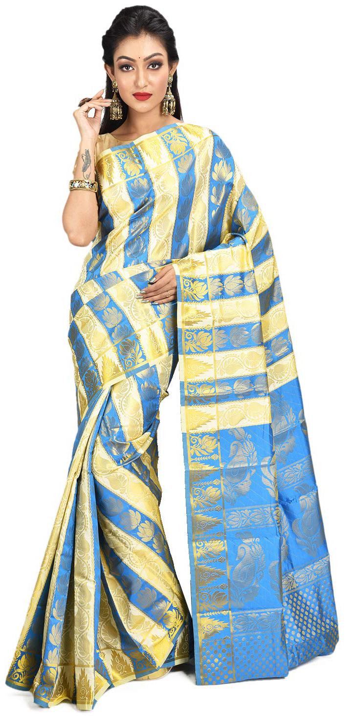 

Desh Bidesh Women s Traditional Bengal Art Silk Saree Kanjivaram Style With Blouse pcs (Blue White)