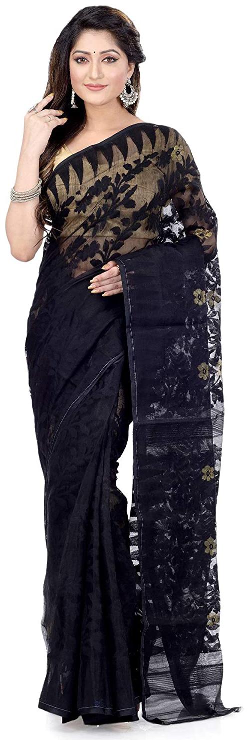 

DESH BIDESH Women Cotton Embroidered Black Designer Saree Without Blouse