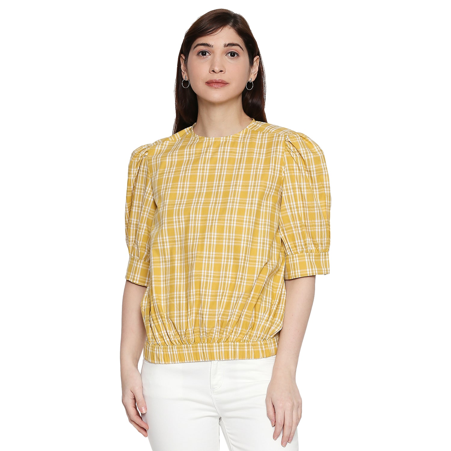 

Desi belle Women Checked Regular top - Yellow