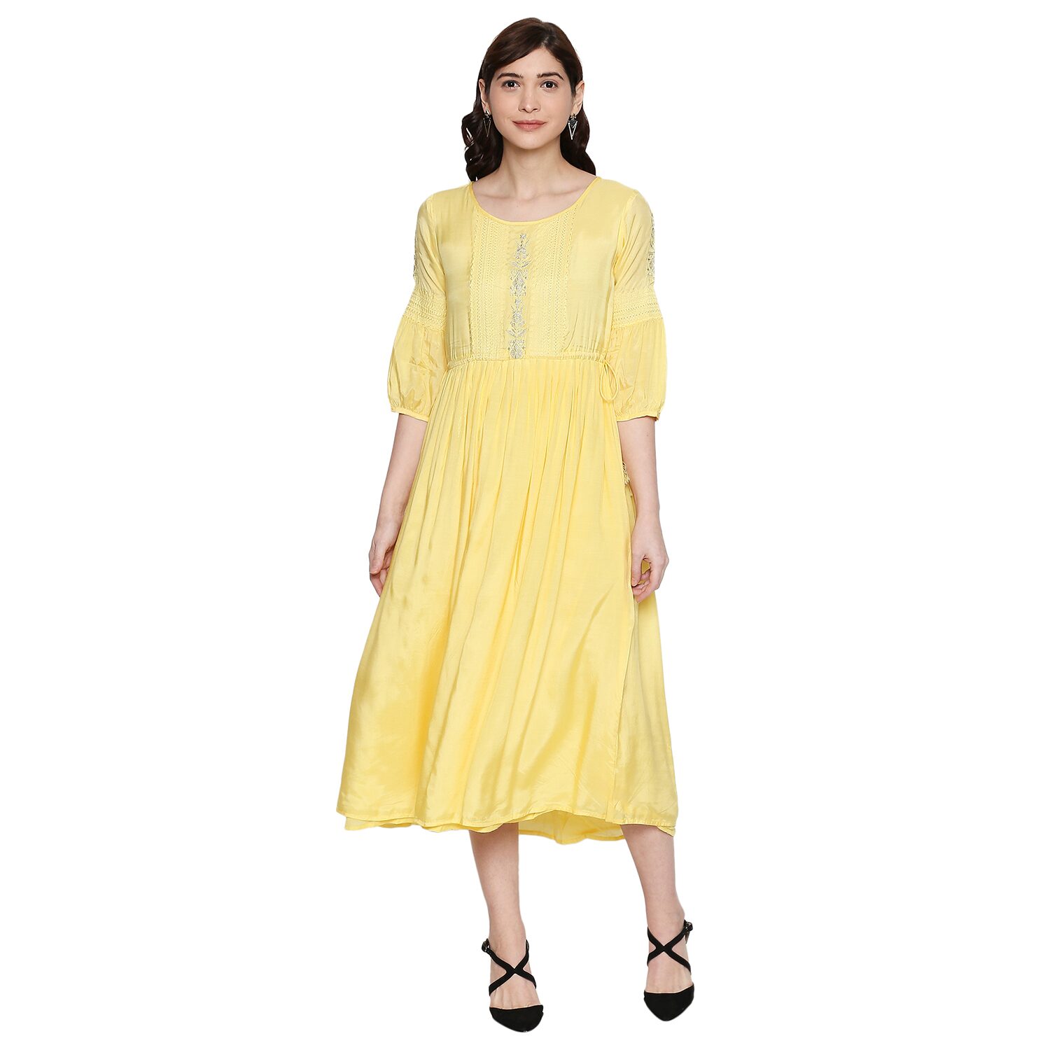 

Desi belle Yellow Embroidered Fit flare dress