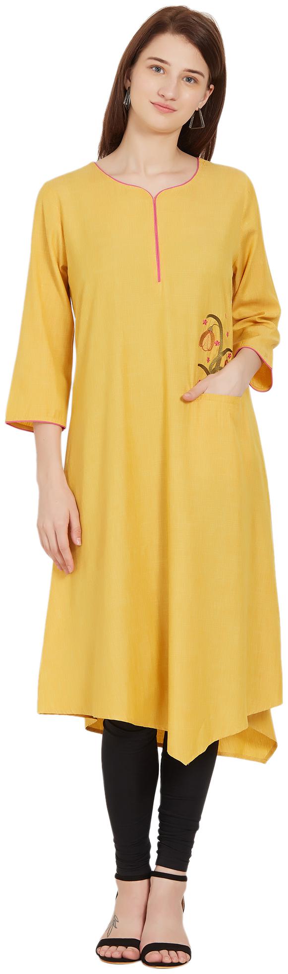 

Desi belle Women Yellow Solid Assymetrical Kurti