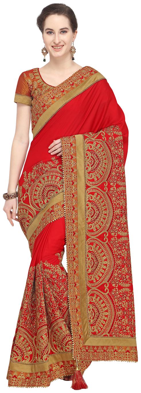 

Desibutik Red Embroidered Universal Designer Saree With Blouse With blouse
