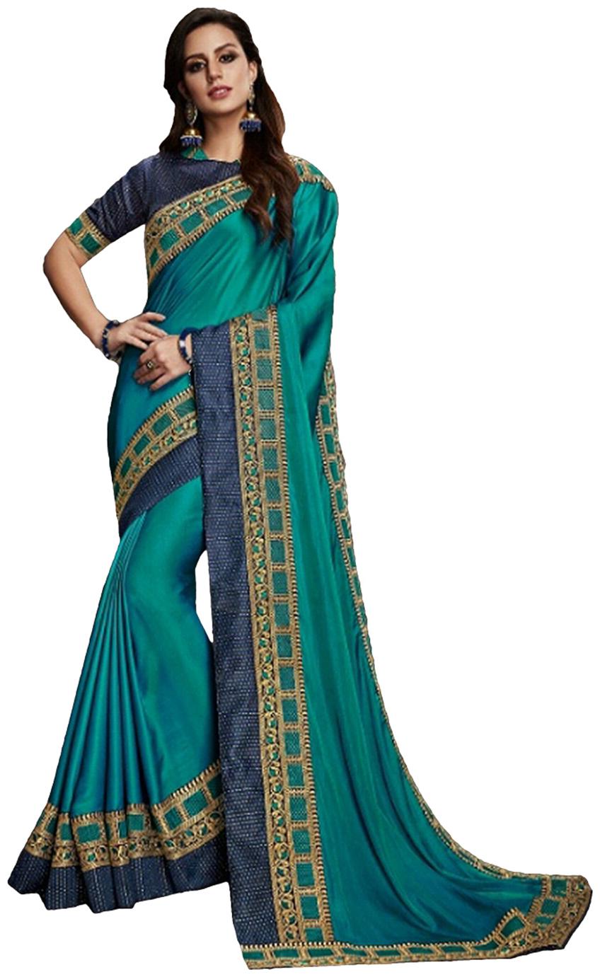 

DesiButik Party Wear Magnificent Blue Satin Silk Saree