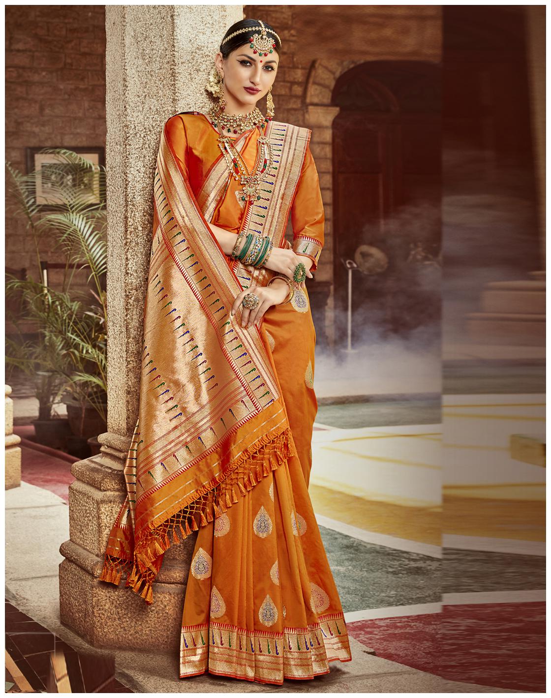

Desibutik Orange Floral Universal Designer Saree With blouse