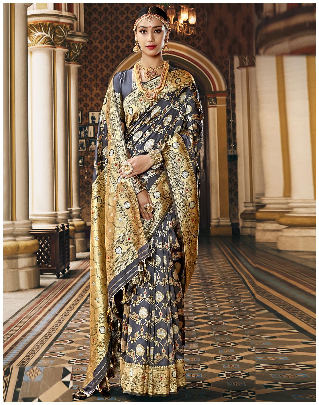 

Desibutik Grey Floral Universal Designer Saree With blouse