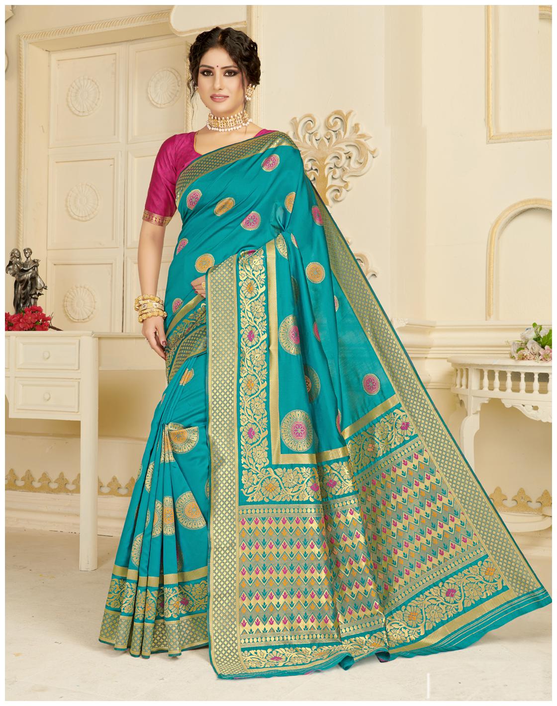 

Desibutik Blue Floral Universal Designer Saree With Blouse With blouse