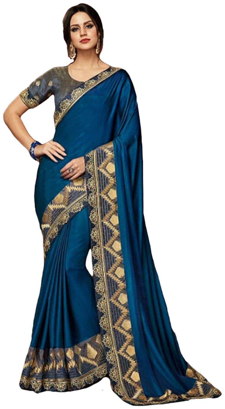

Desibutik Blue Embroidered Universal Designer Saree With Blouse With blouse