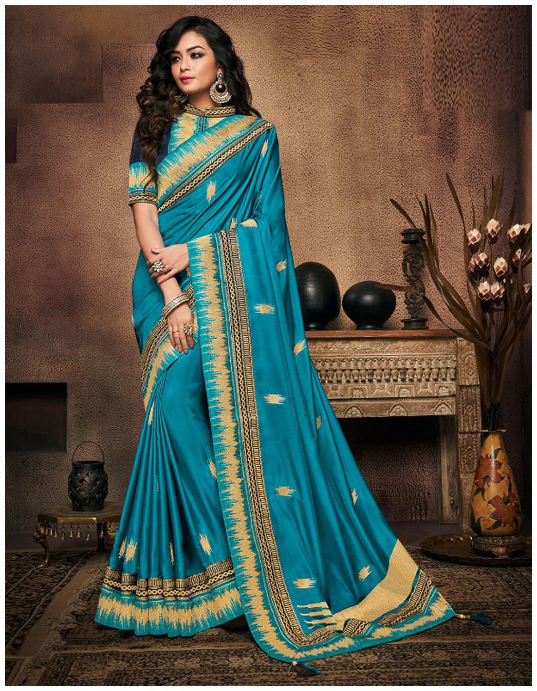 

DesiButik Party Wear Beautiful Blue Satin Silk Saree